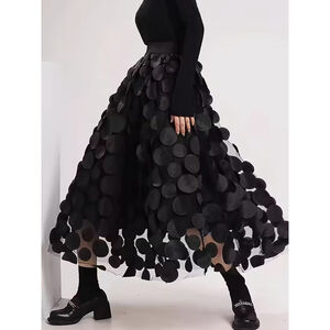 Black 3D Circle Appliqué Midi Skirt Tulle Mesh Statement Layered Sheer Size 3X